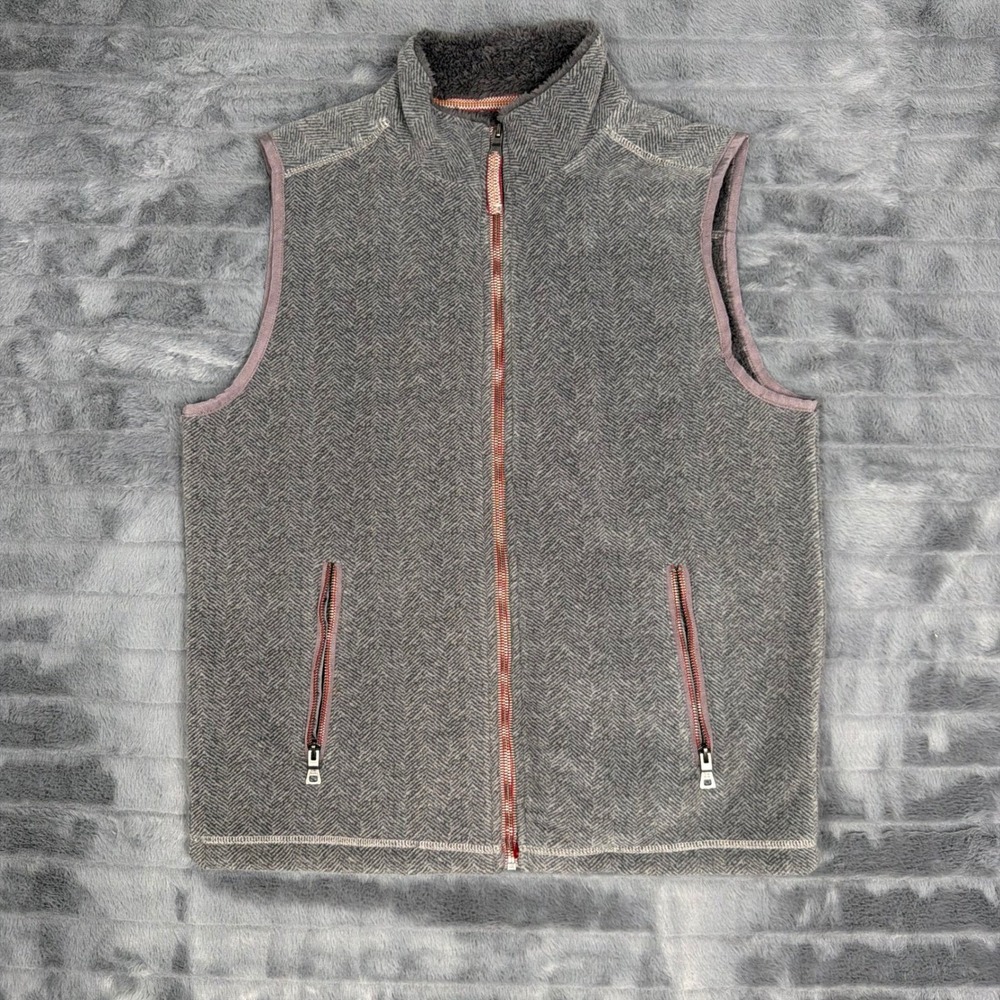 True Grit Mens Grey Herringbone Fleece Vest Faux Fur Lined Full Zip Large 6882
